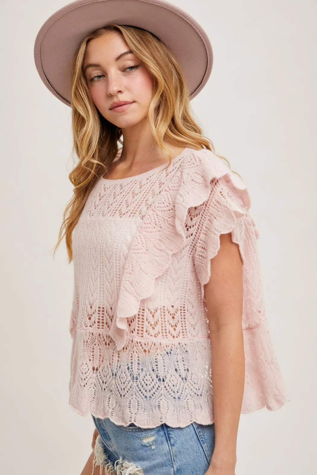 OPEN KNIT FLUTTER-SLEEVE POINTELLE SWEATER TOP