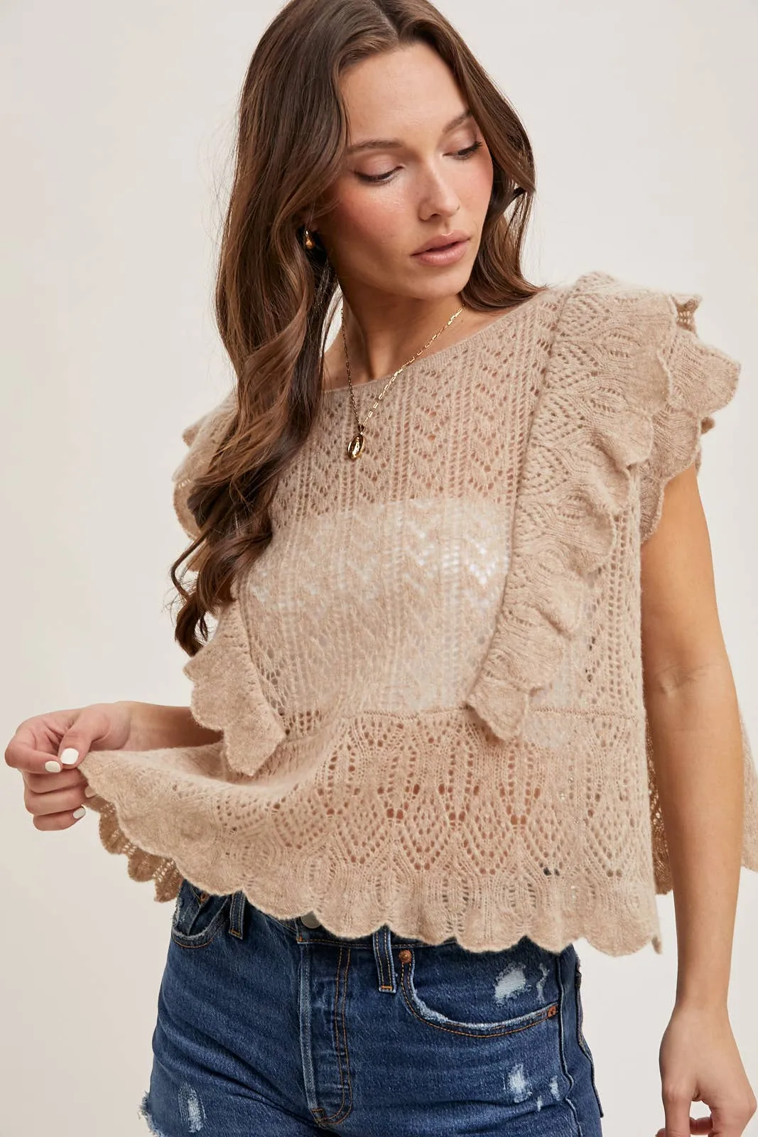 OPEN KNIT FLUTTER-SLEEVE POINTELLE SWEATER TOP
