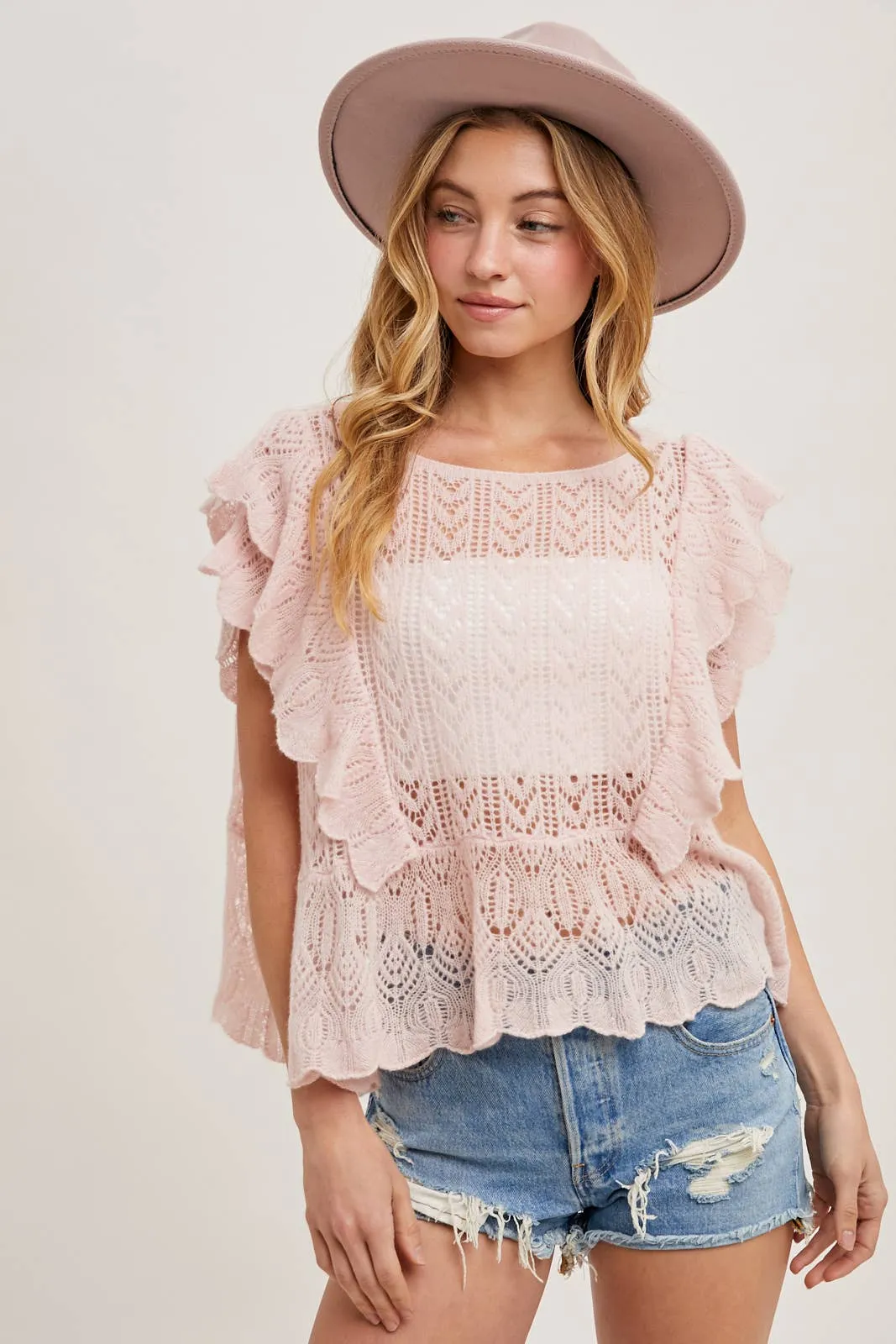 OPEN KNIT FLUTTER-SLEEVE POINTELLE SWEATER TOP
