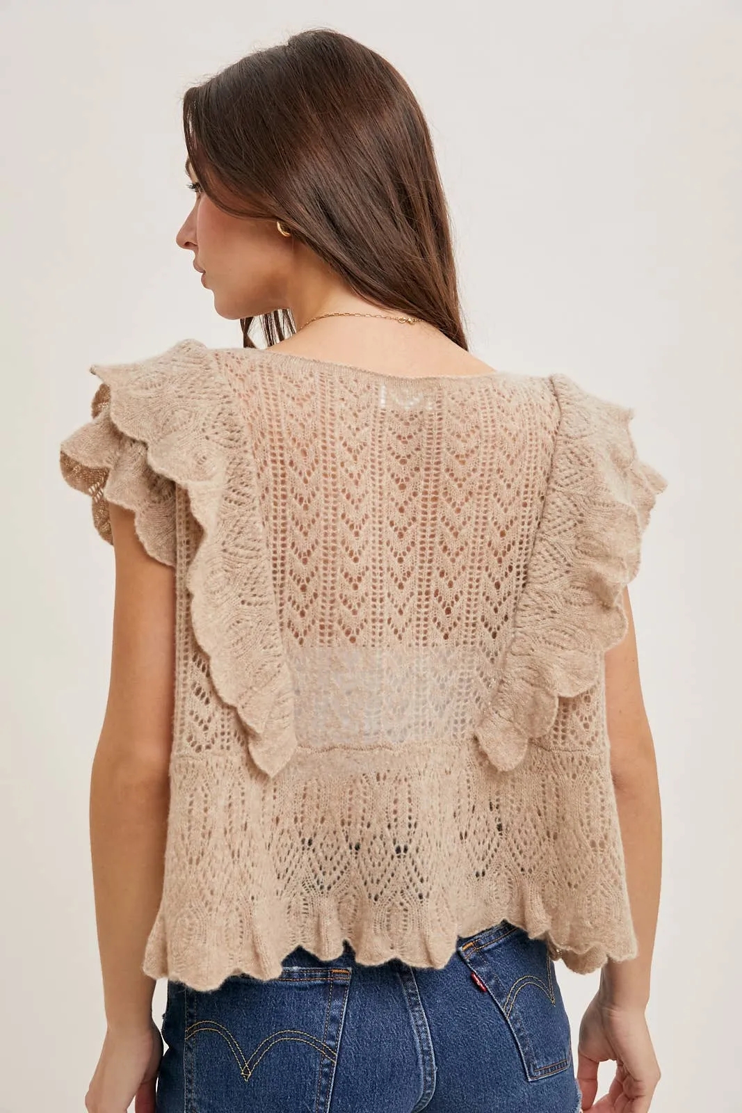 OPEN KNIT FLUTTER-SLEEVE POINTELLE SWEATER TOP