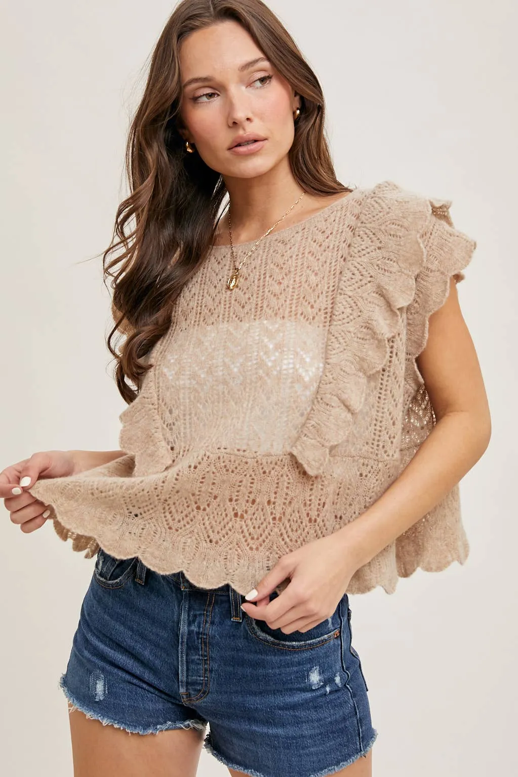 OPEN KNIT FLUTTER-SLEEVE POINTELLE SWEATER TOP