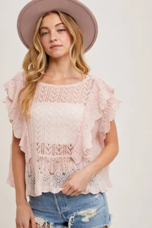 OPEN KNIT FLUTTER-SLEEVE POINTELLE SWEATER TOP