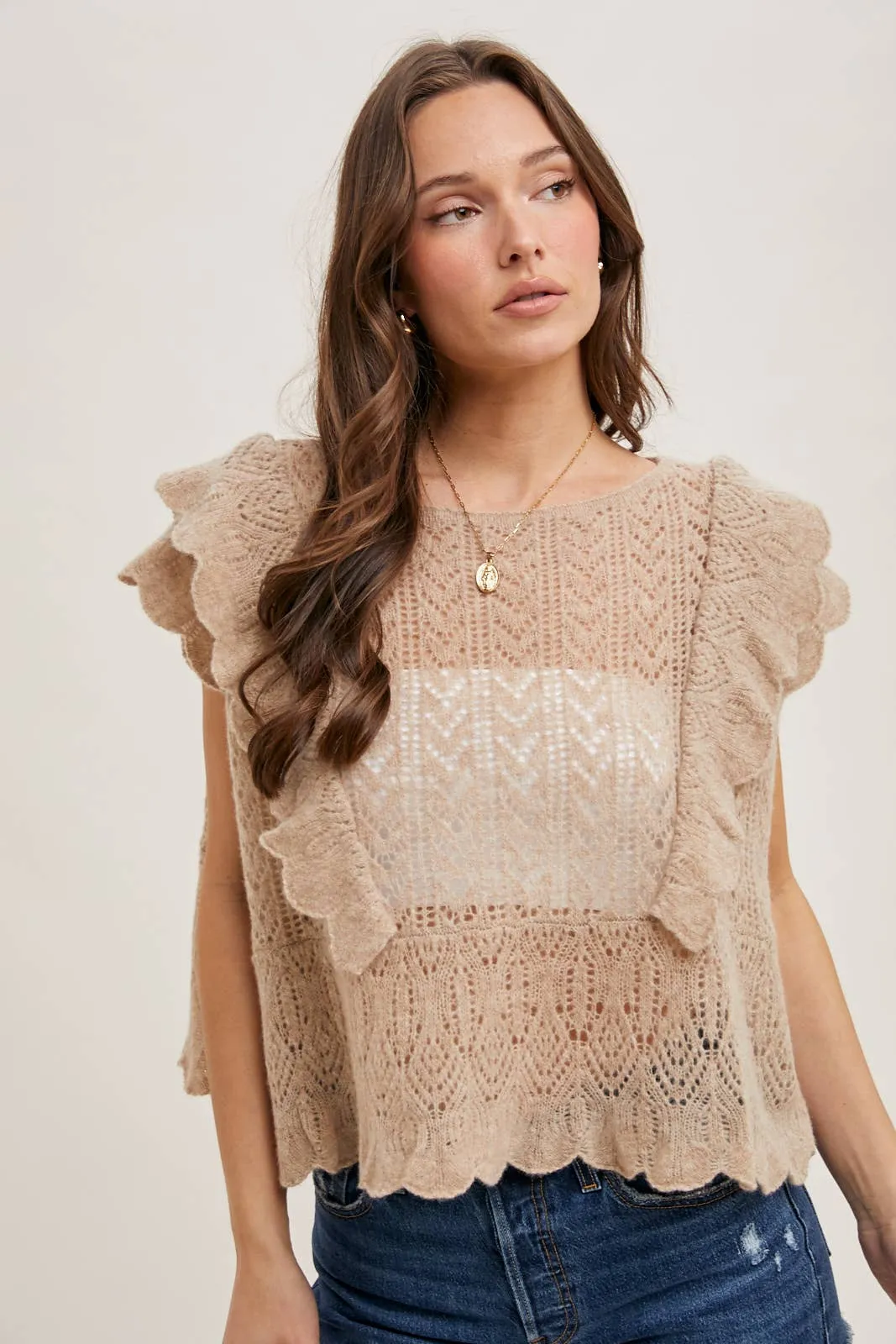 OPEN KNIT FLUTTER-SLEEVE POINTELLE SWEATER TOP