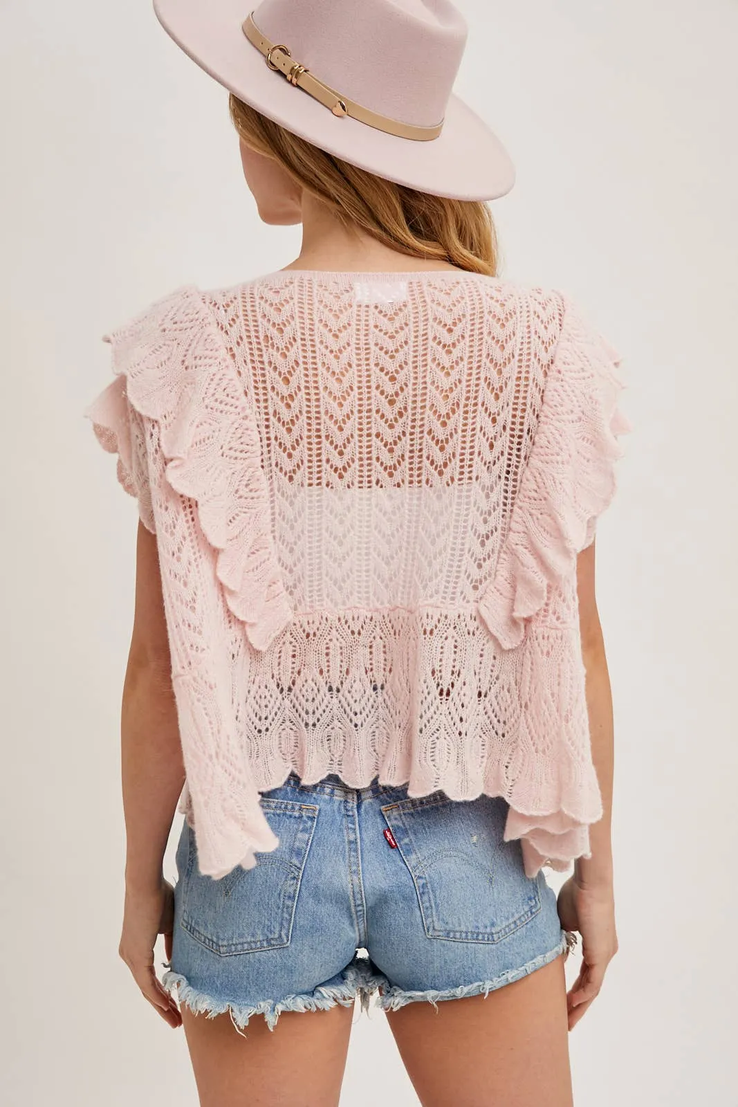 OPEN KNIT FLUTTER-SLEEVE POINTELLE SWEATER TOP