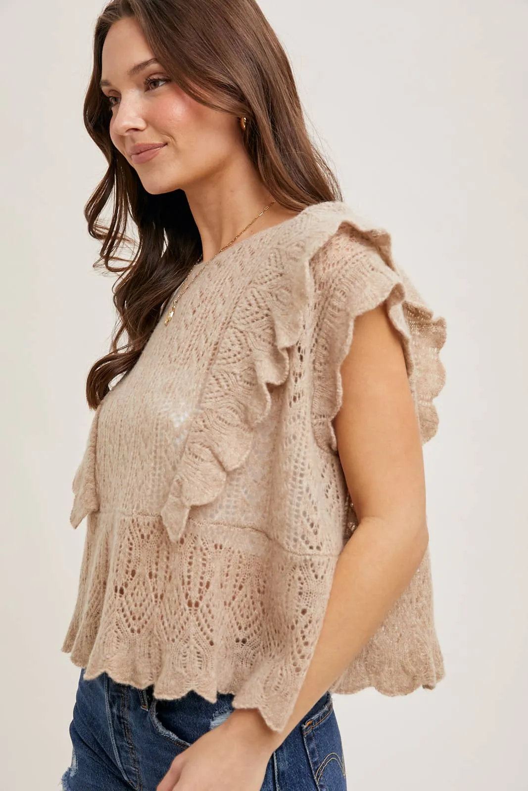 OPEN KNIT FLUTTER-SLEEVE POINTELLE SWEATER TOP
