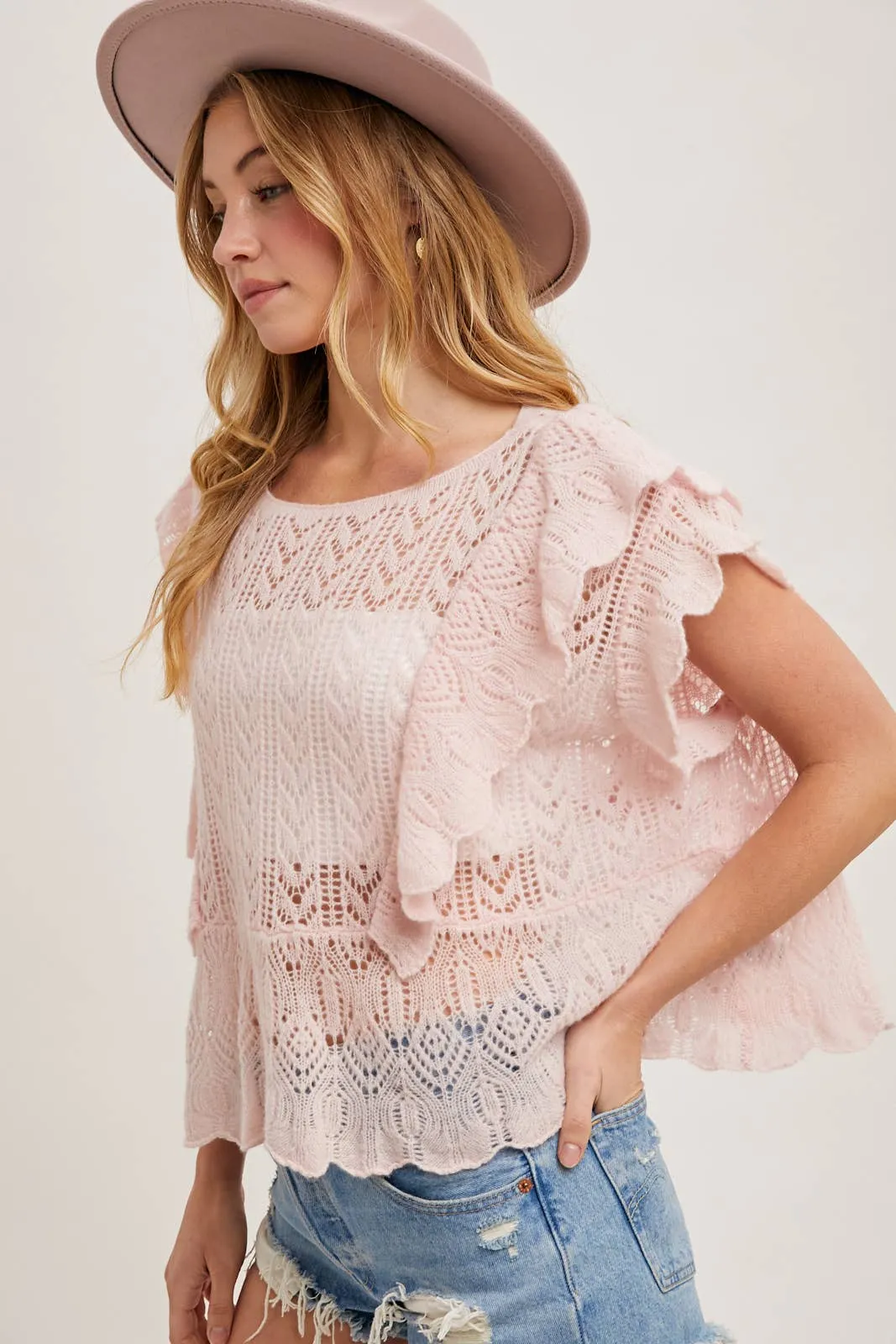 OPEN KNIT FLUTTER-SLEEVE POINTELLE SWEATER TOP
