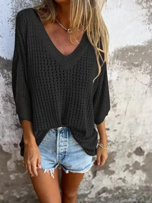 Open Knit V-Neck Sweater | Lightweight and Airy | Relaxed Fit
