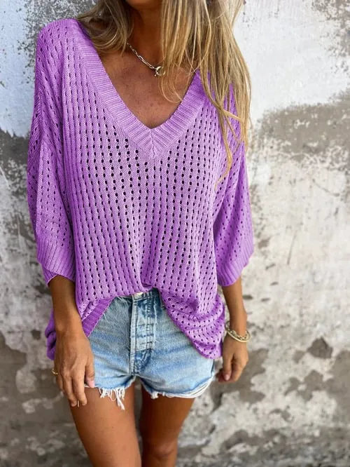 Open Knit V-Neck Sweater | Lightweight and Airy | Relaxed Fit