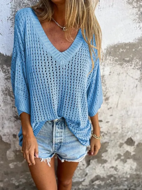 Open Knit V-Neck Sweater | Lightweight and Airy | Relaxed Fit