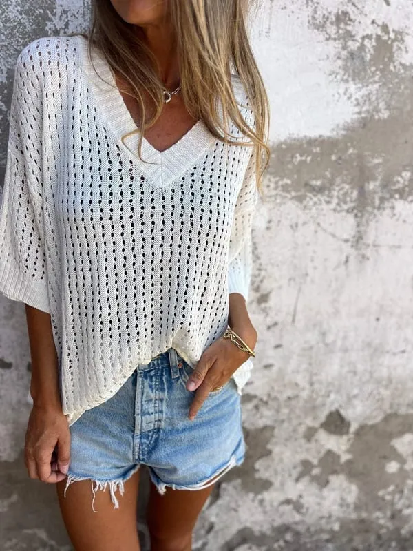 Open Knit V-Neck Sweater | Lightweight and Airy | Relaxed Fit