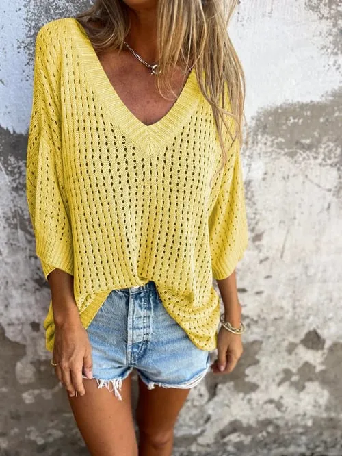 Open Knit V-Neck Sweater | Lightweight and Airy | Relaxed Fit
