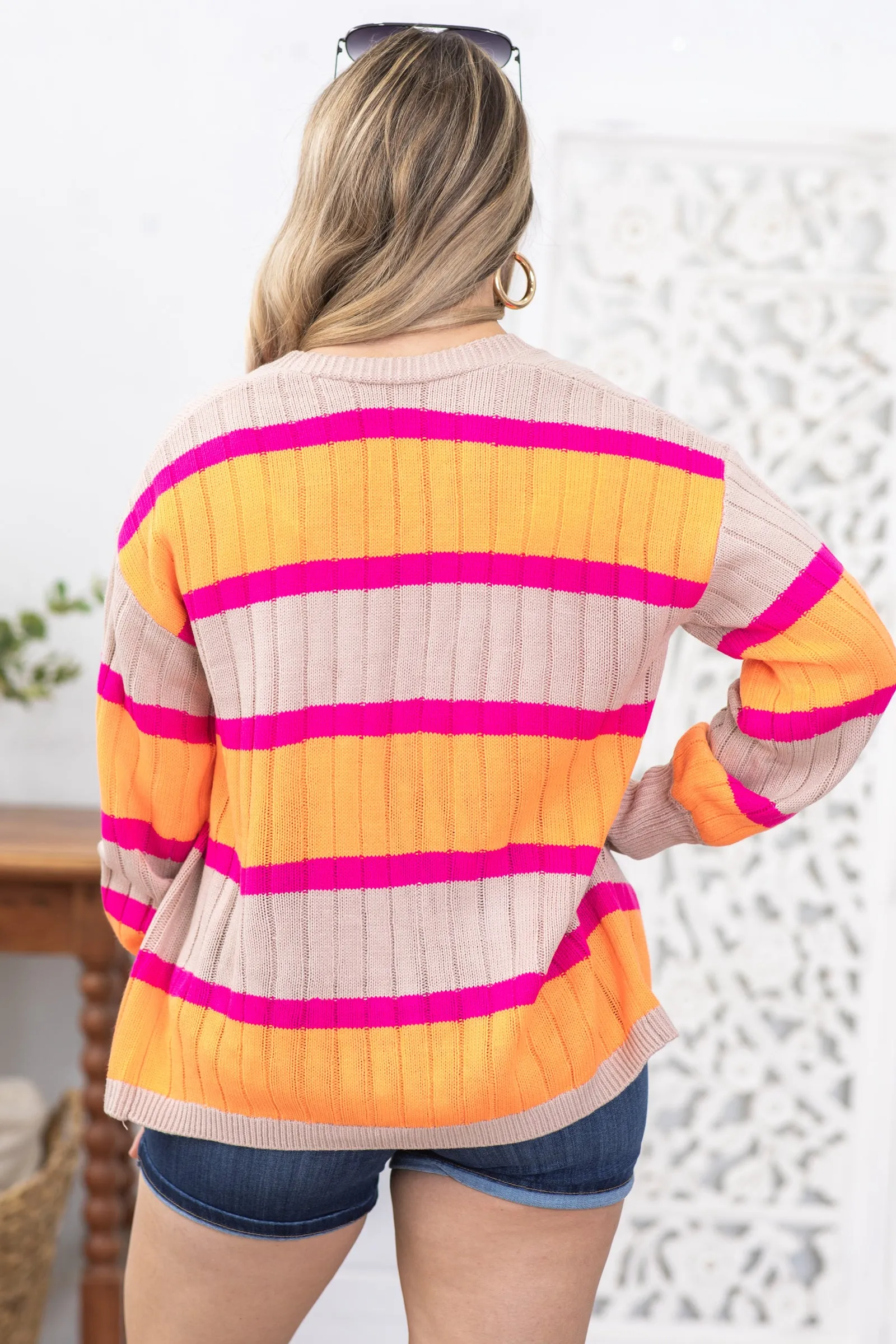 Orange and Hot Pink Stripe Ribbed Cardigan
