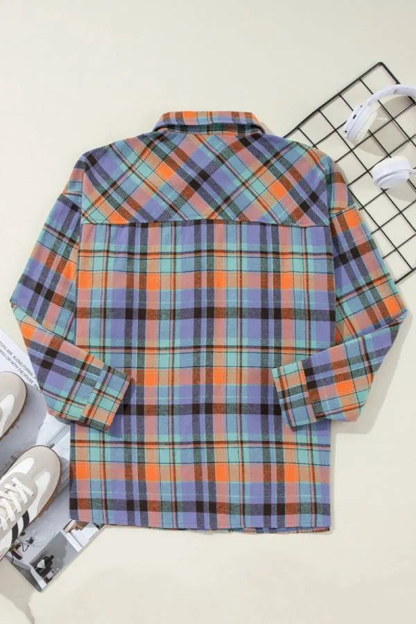 Orange Plaid Print Pocket Loose Shirt
