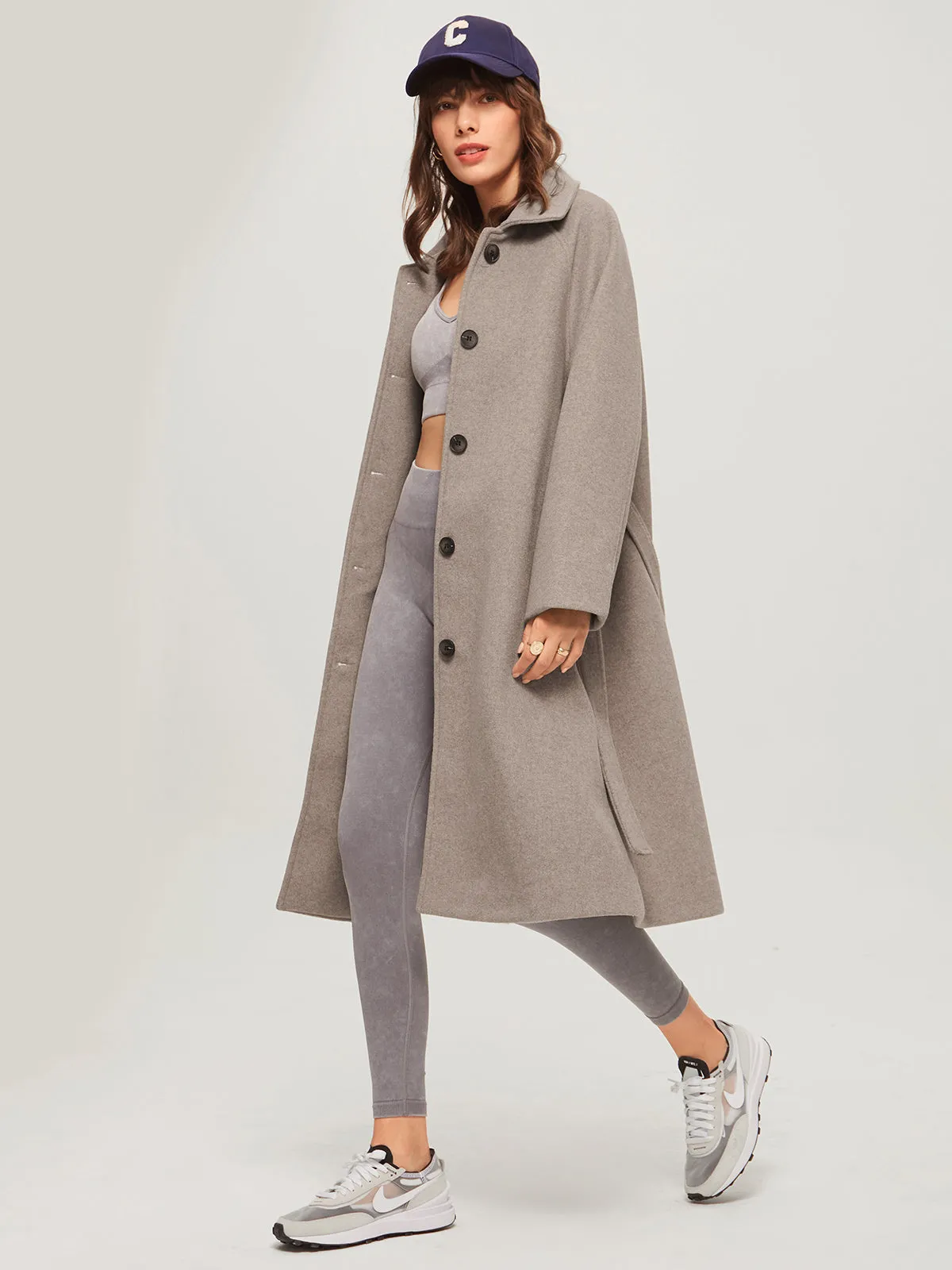 Oversized Brushed Belted Long Overcoat