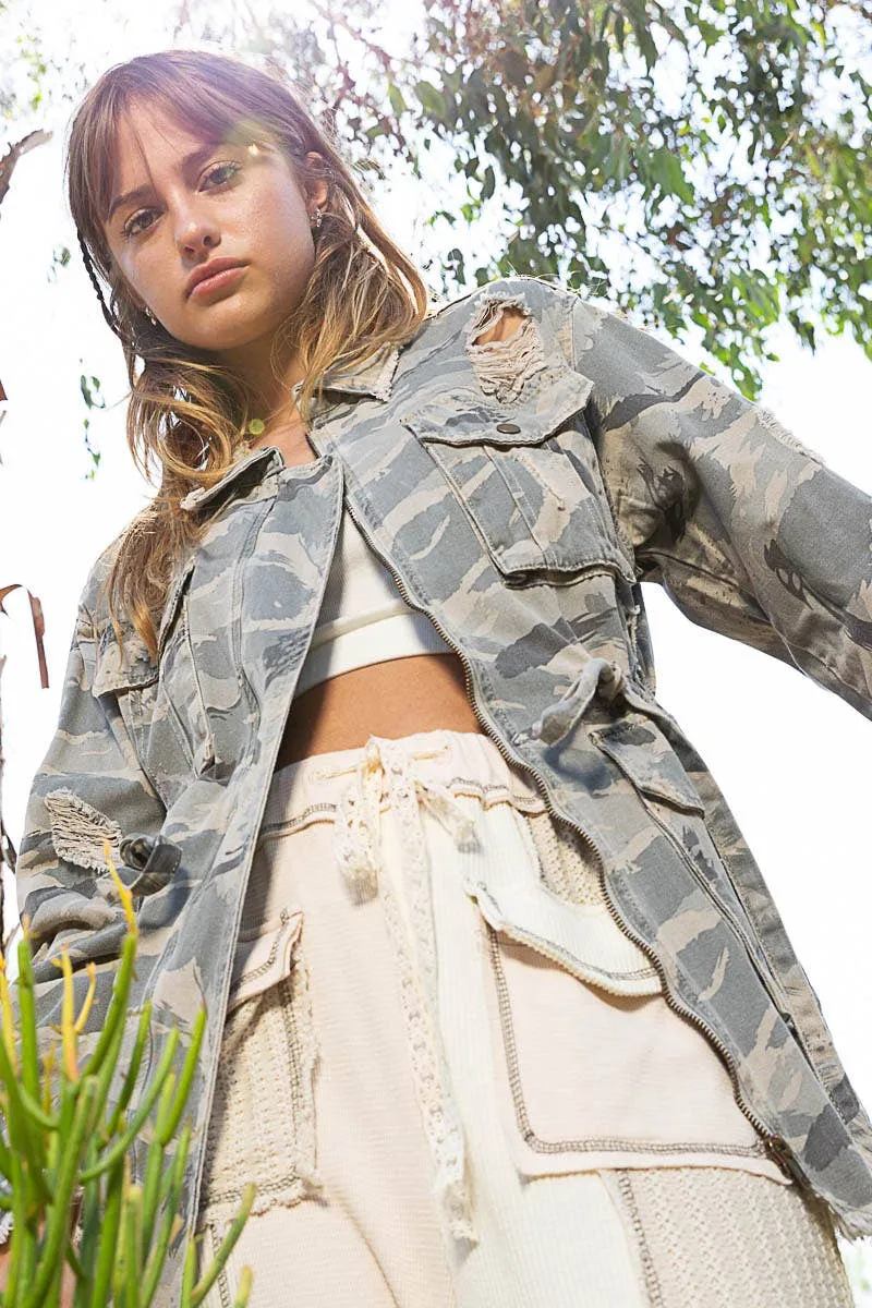 Oversized distressed camo shacket