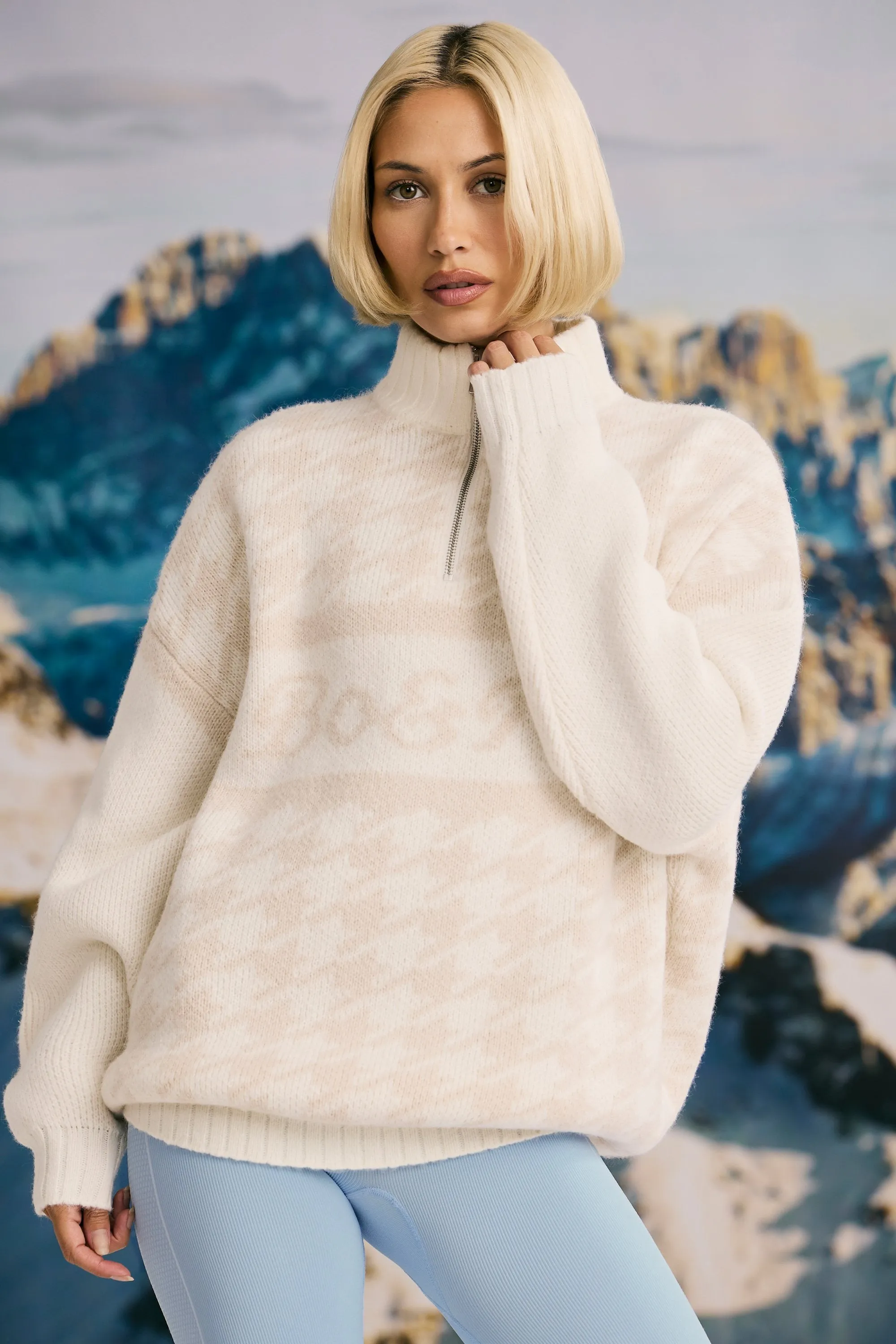 Oversized Half-Zip Chunky-Knit Jumper in Ice White