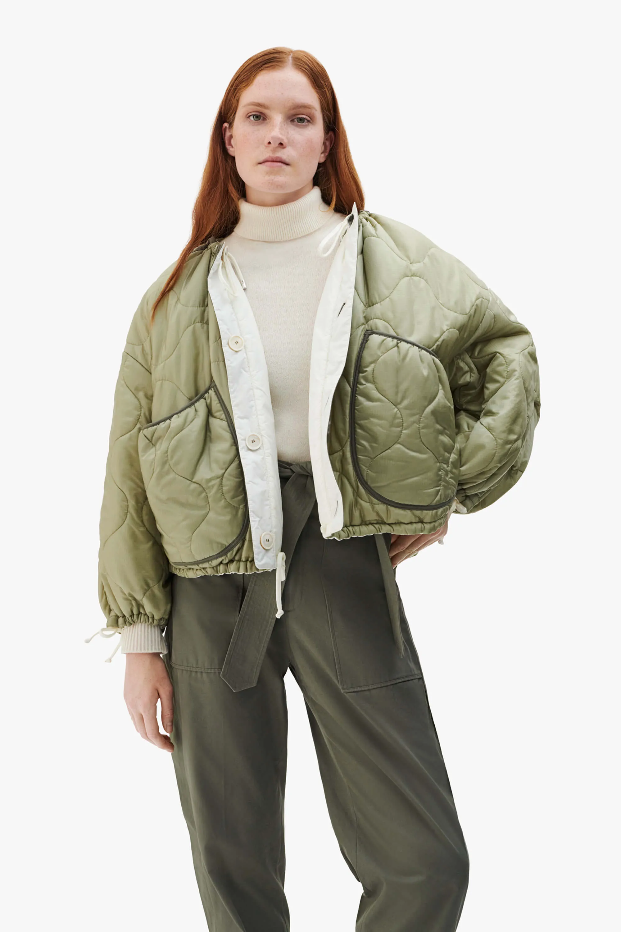 Parachute Quilt Bomber - White / Pale Sage