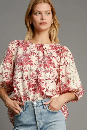 Paris is Waiting Floral and Lace Trim Blouse in Raspberry