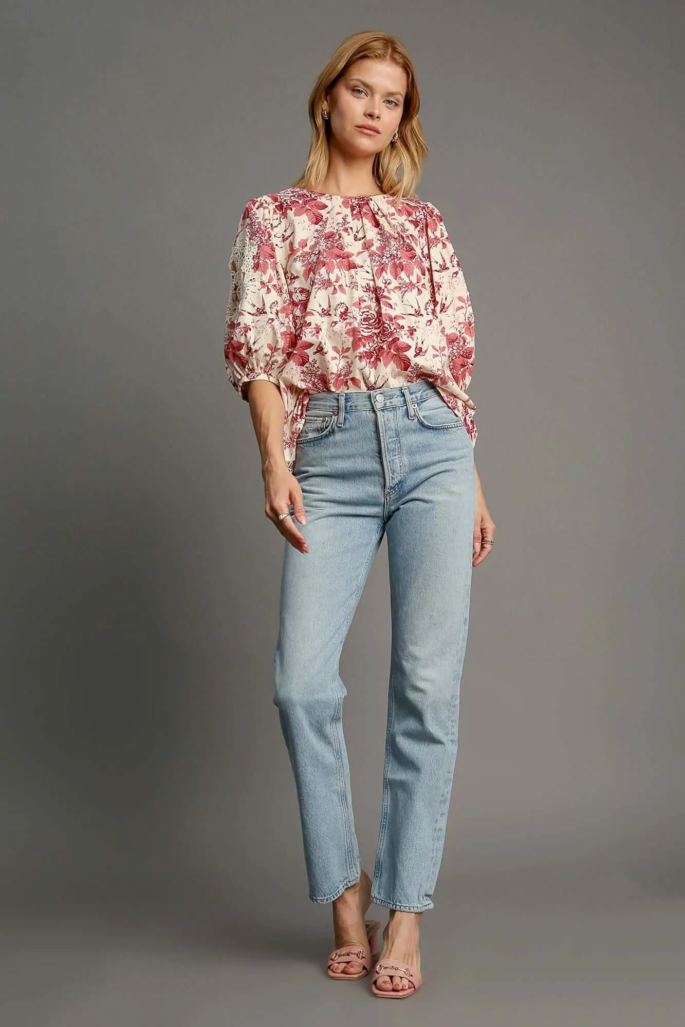 Paris is Waiting Floral and Lace Trim Blouse in Raspberry