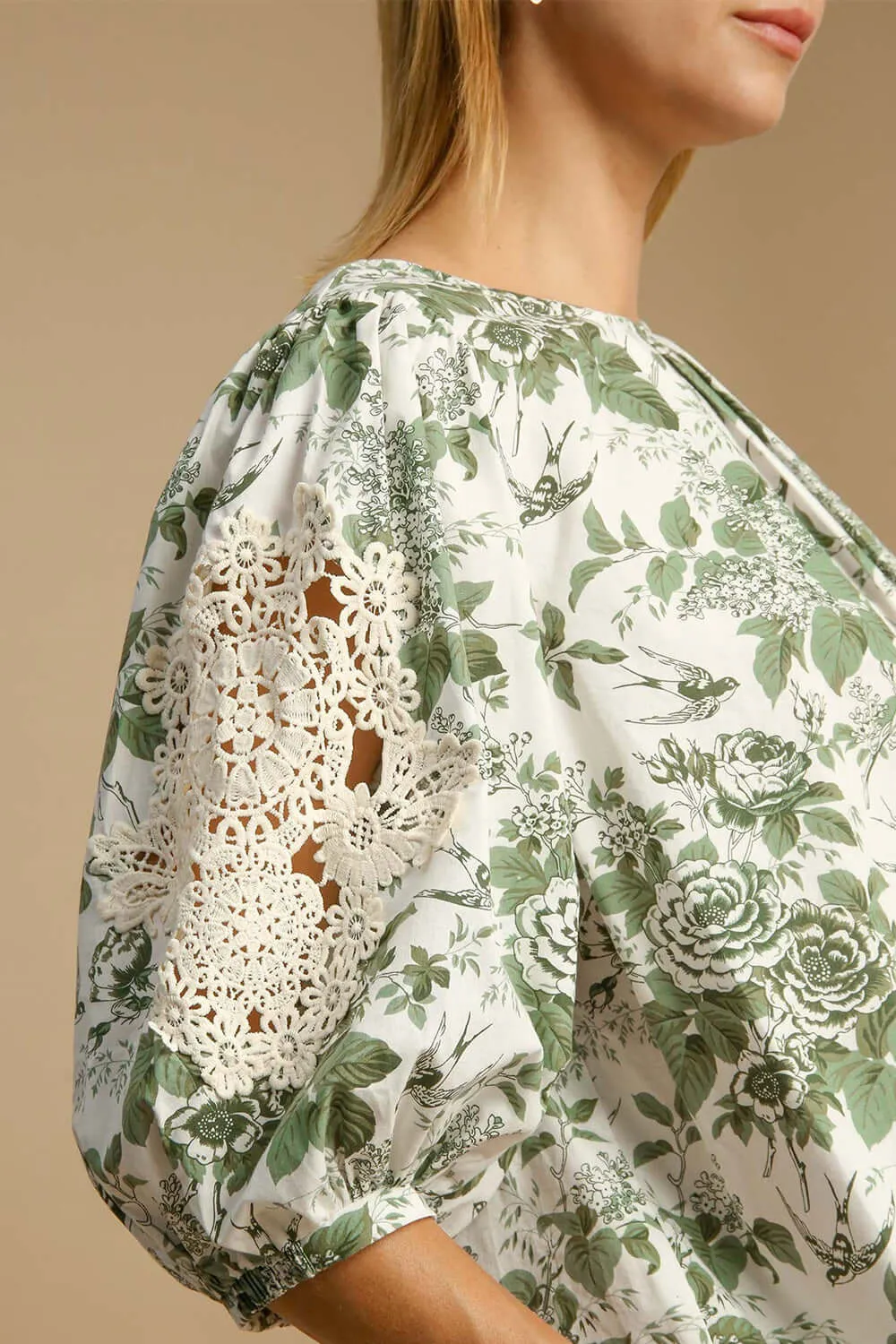 Paris is Waiting Floral and Lace Trim Blouse in Sage