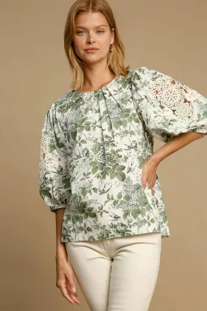 Paris is Waiting Floral and Lace Trim Blouse in Sage