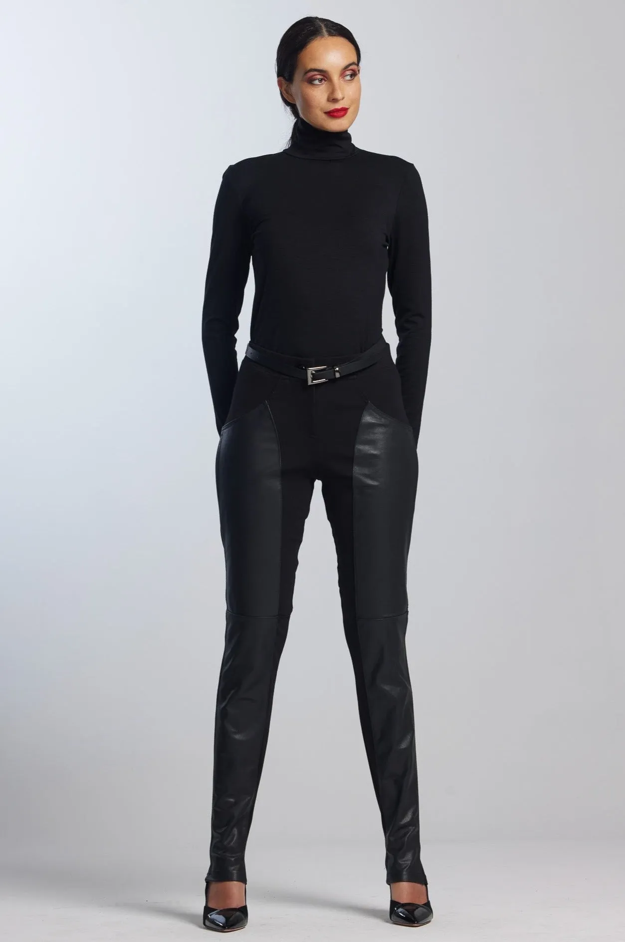 PAULA RYAN Curve Front Leather Seam Pants - Black - Roma Ponte