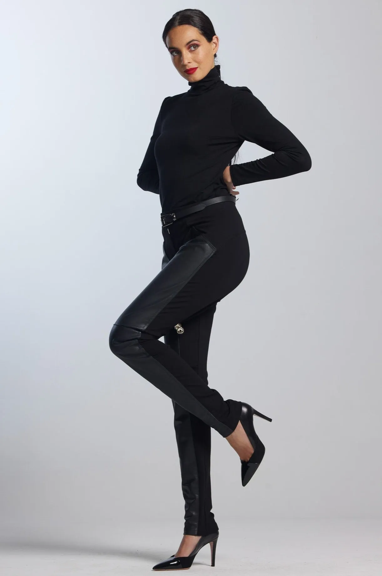 PAULA RYAN Curve Front Leather Seam Pants - Black - Roma Ponte