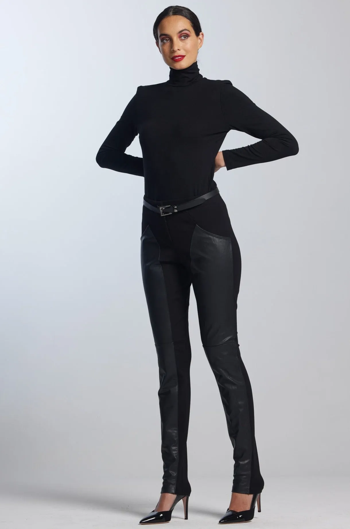 PAULA RYAN Curve Front Leather Seam Pants - Black - Roma Ponte