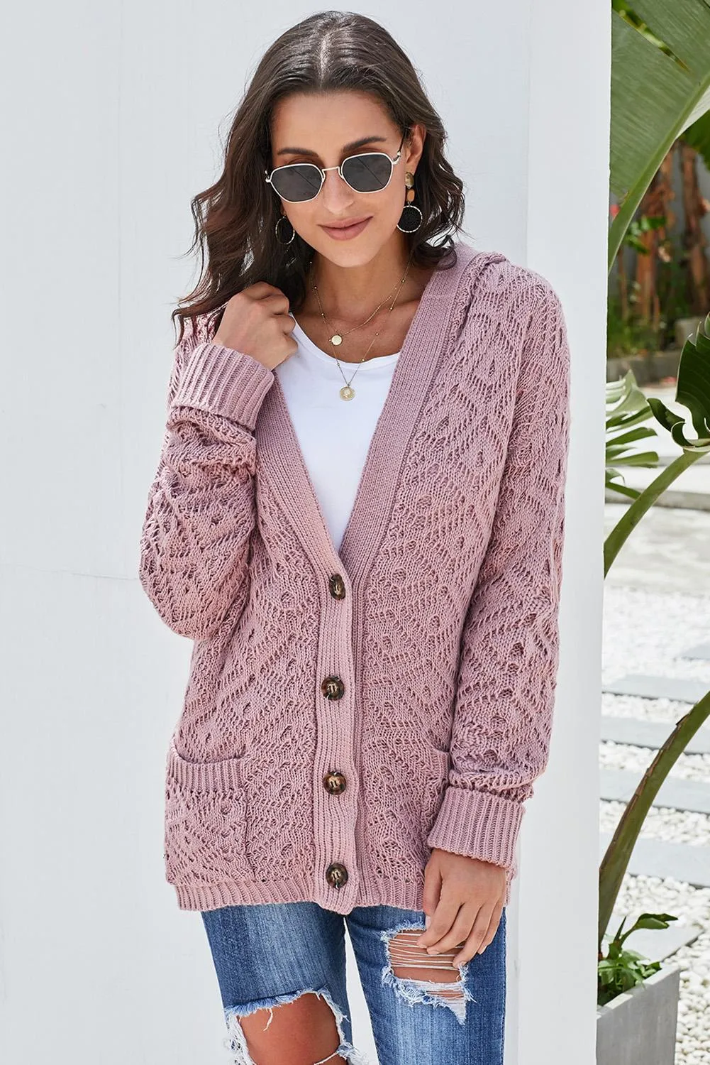 Pink Knit Hooded Cardigan