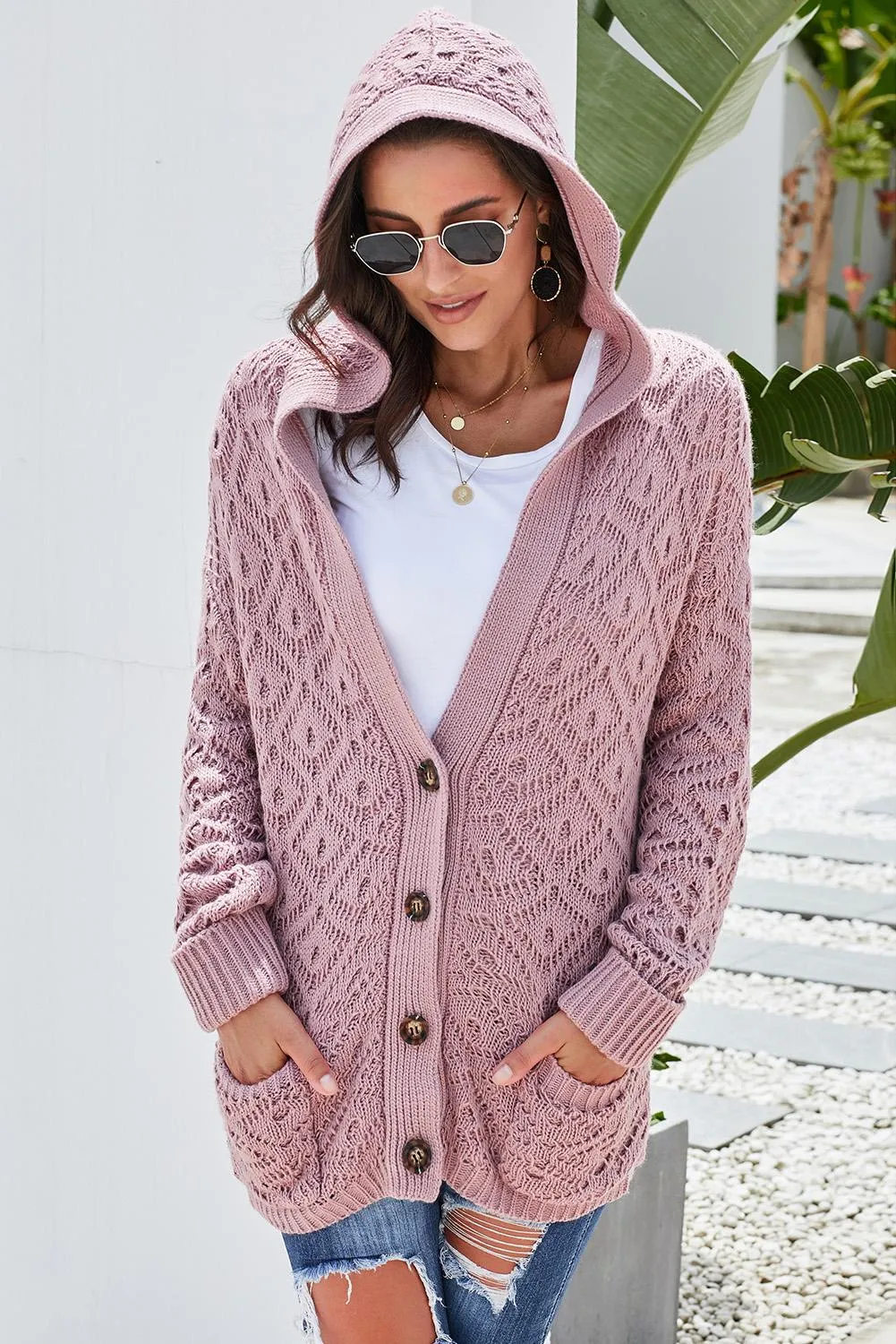 Pink Knit Hooded Cardigan