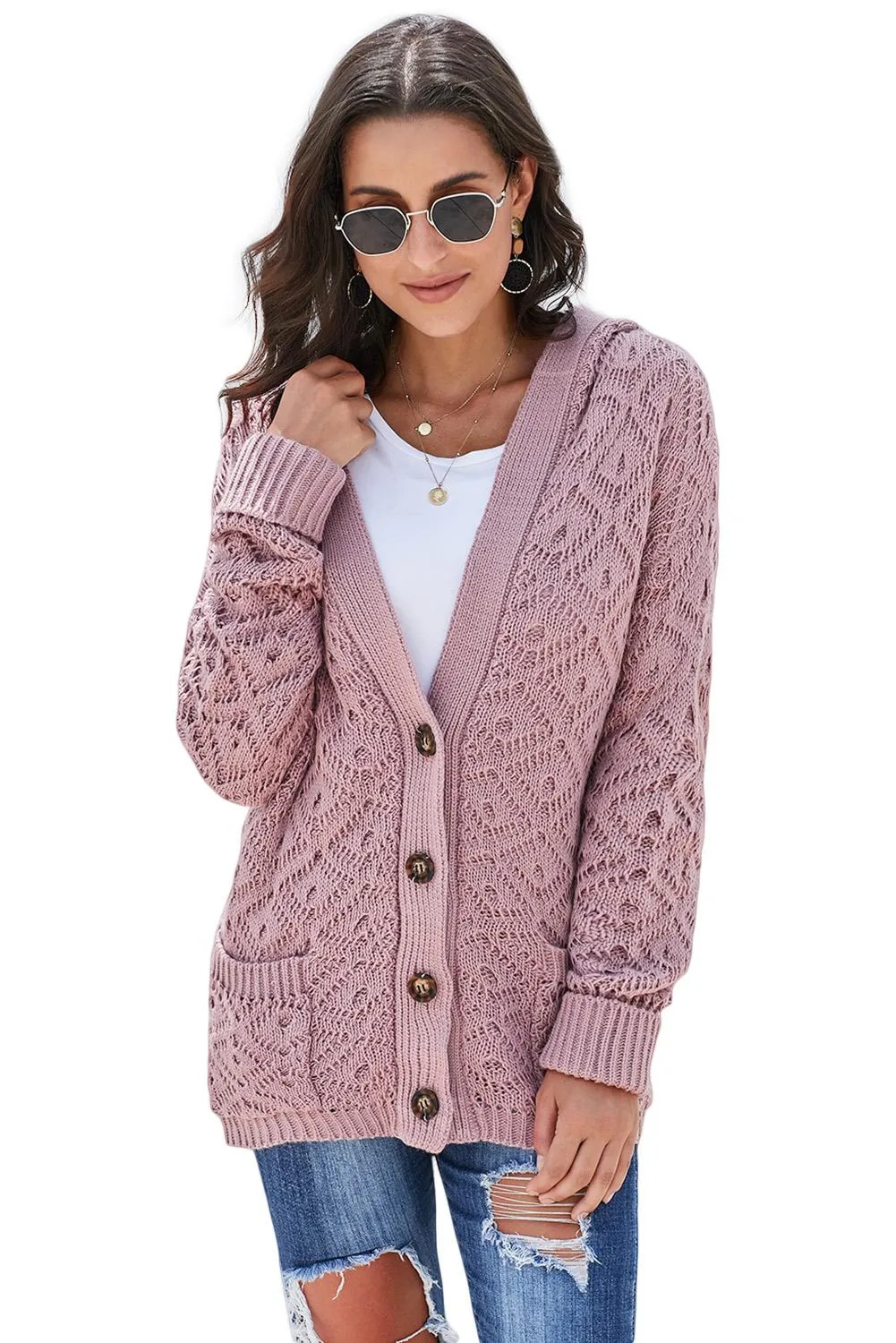 Pink Knit Hooded Cardigan