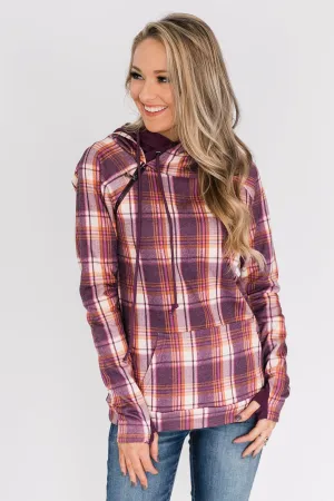 Plaid Drawstring Double Hoodie- Purple