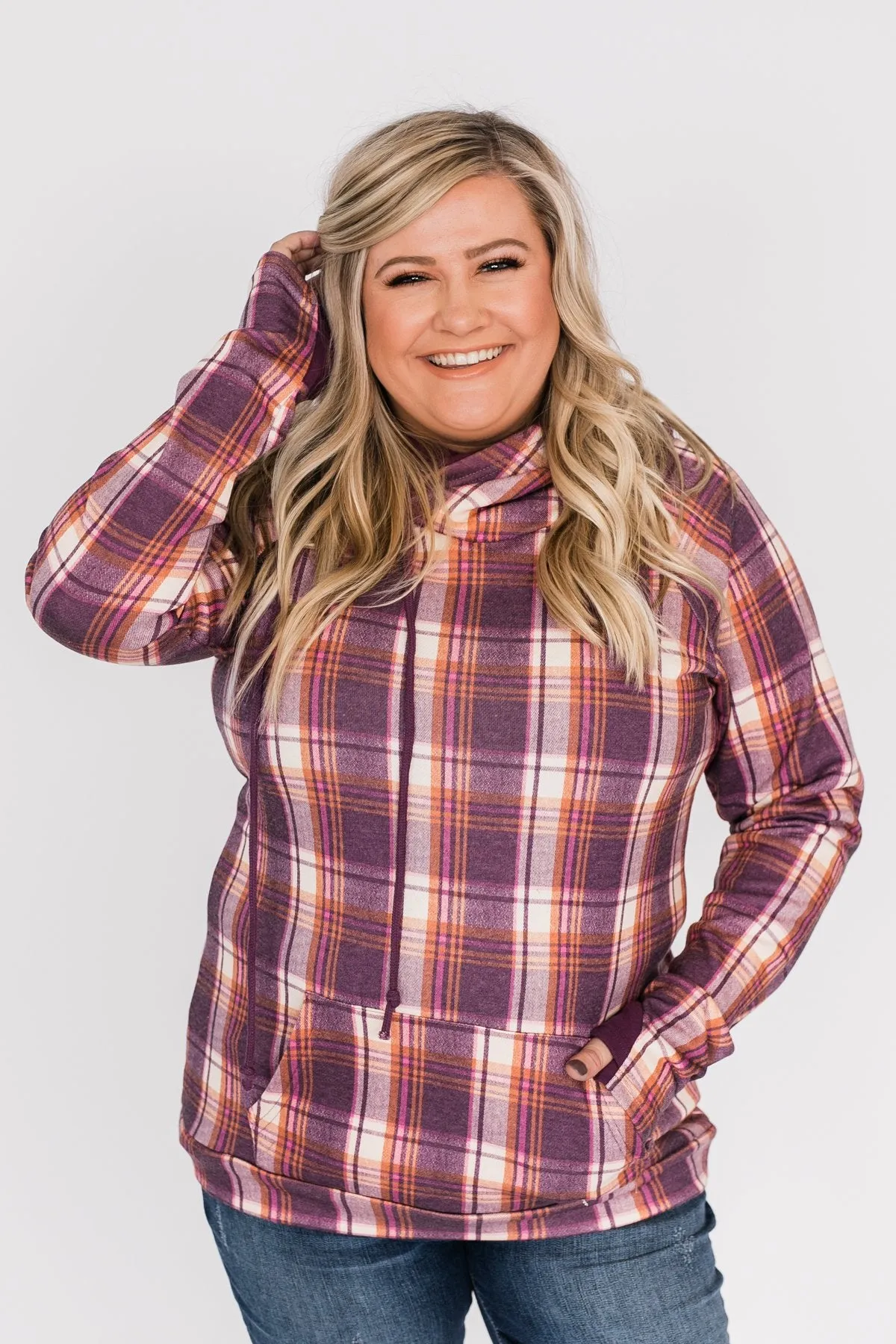 Plaid Drawstring Double Hoodie- Purple