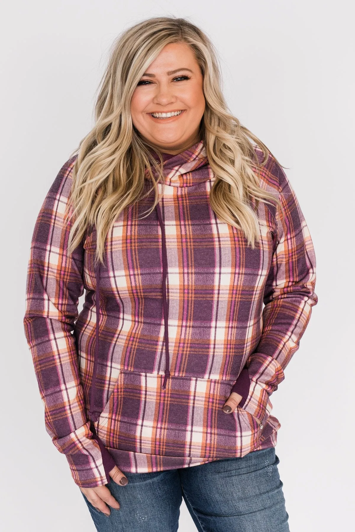 Plaid Drawstring Double Hoodie- Purple