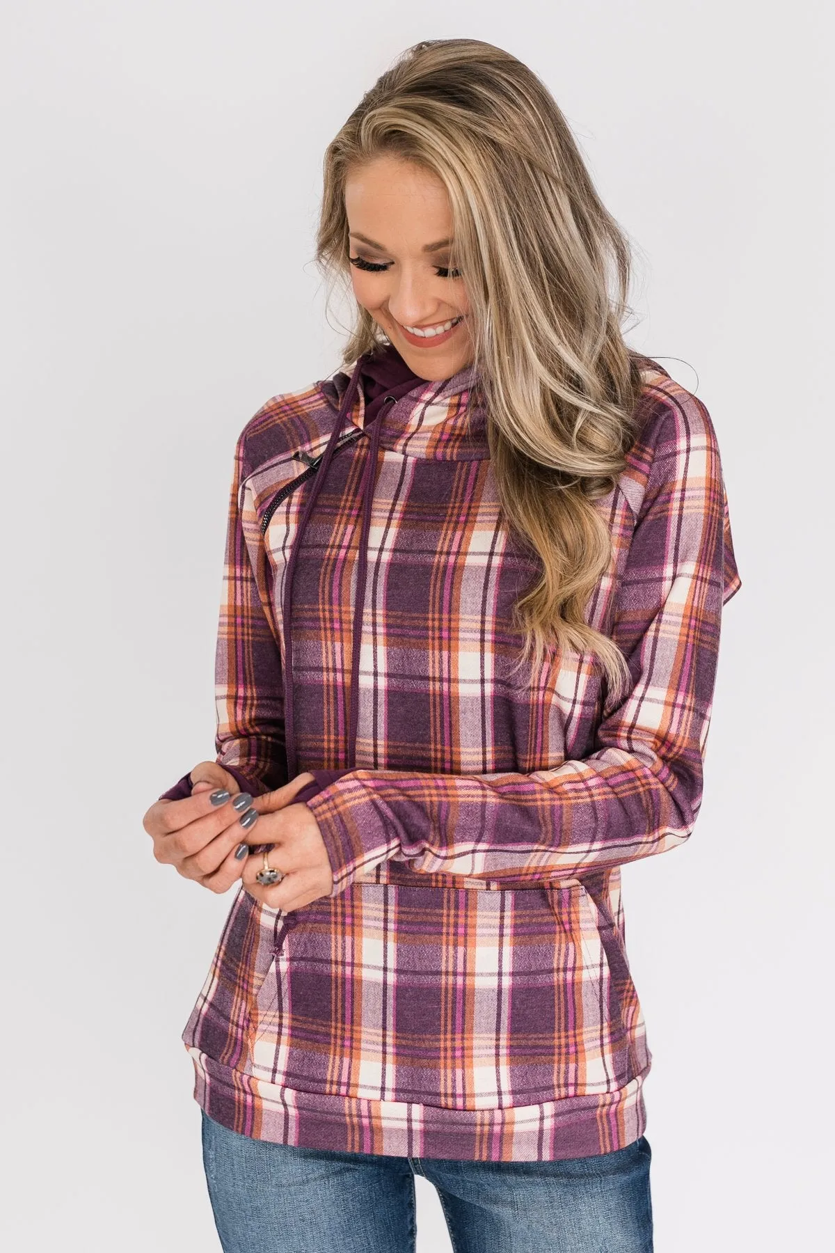 Plaid Drawstring Double Hoodie- Purple