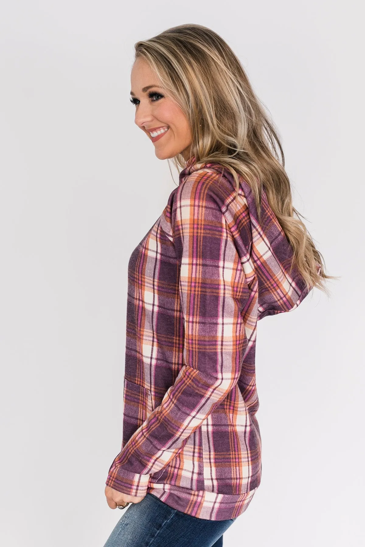 Plaid Drawstring Double Hoodie- Purple