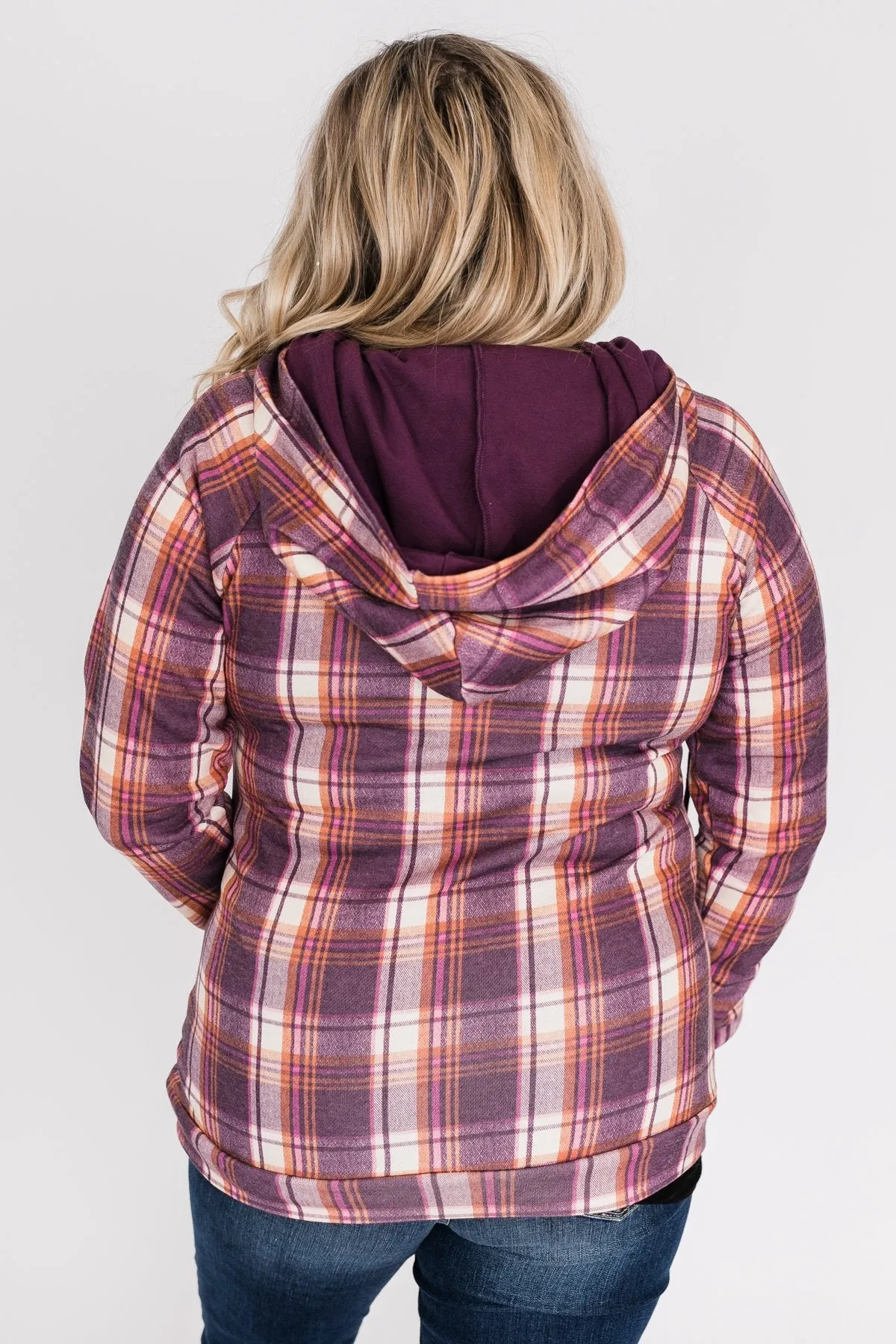 Plaid Drawstring Double Hoodie- Purple