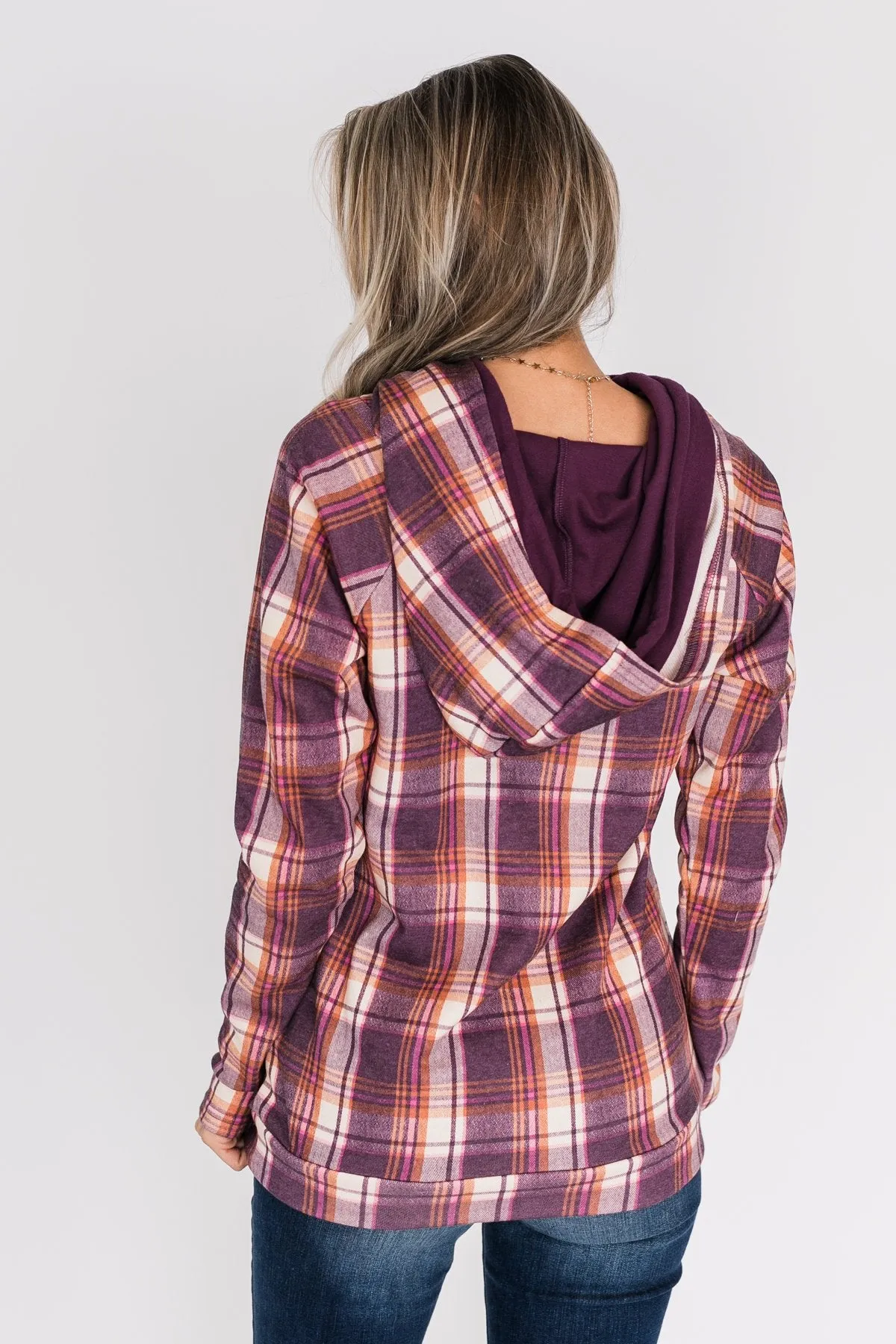 Plaid Drawstring Double Hoodie- Purple