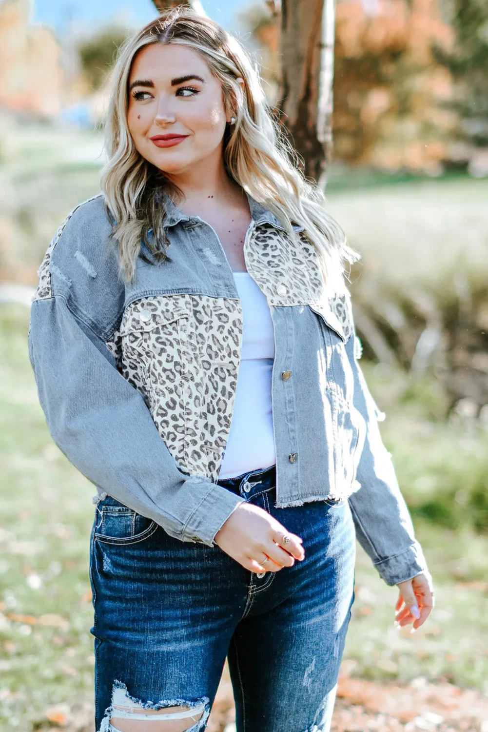 Plus Size Leopard Raw Hem Distressed Denim Jacket