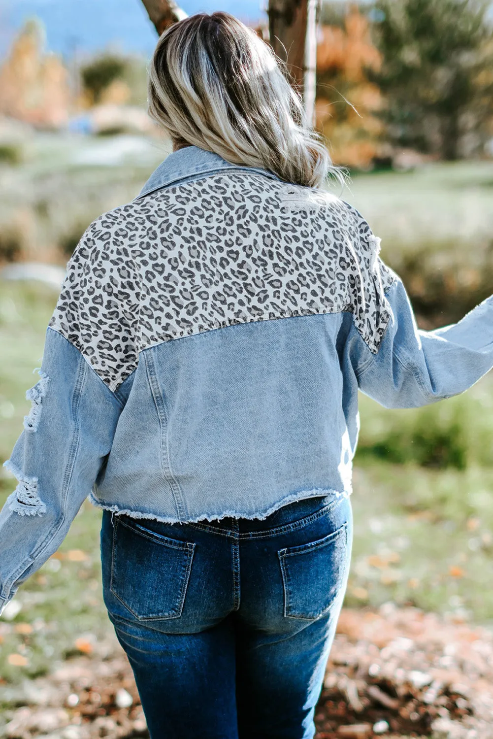 Plus Size Leopard Raw Hem Distressed Denim Jacket