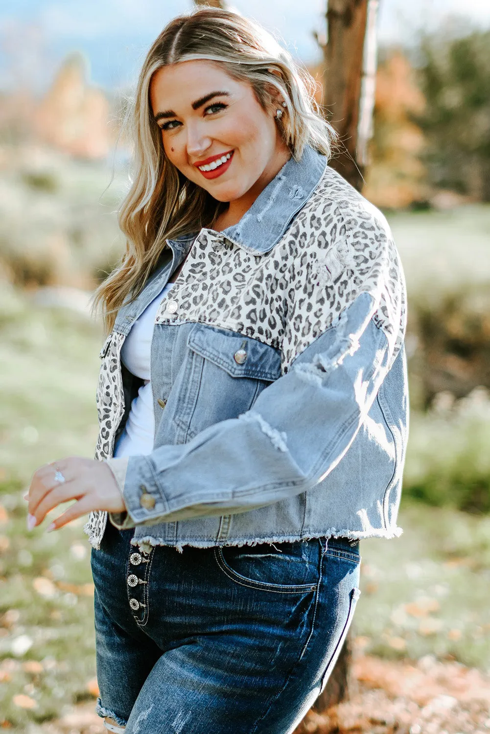 Plus Size Leopard Raw Hem Distressed Denim Jacket
