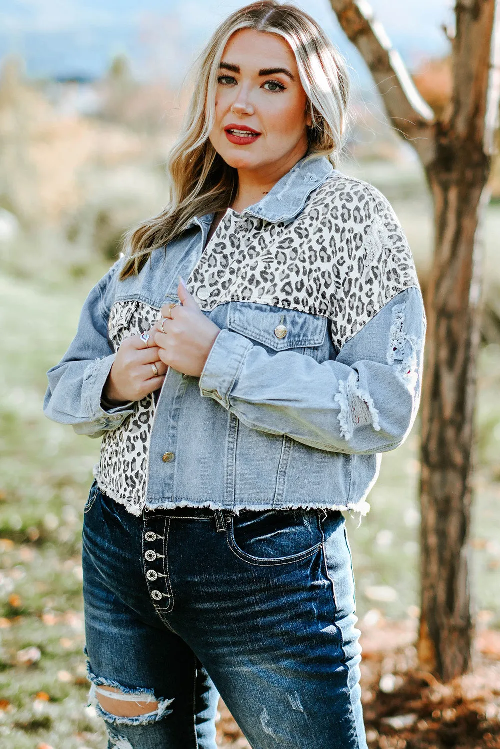 Plus Size Leopard Raw Hem Distressed Denim Jacket