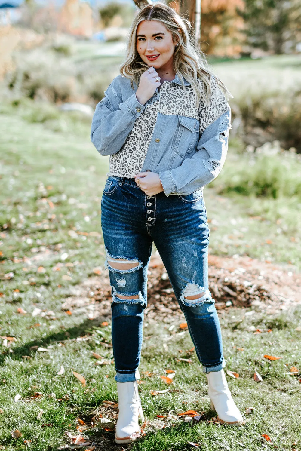 Plus Size Leopard Raw Hem Distressed Denim Jacket