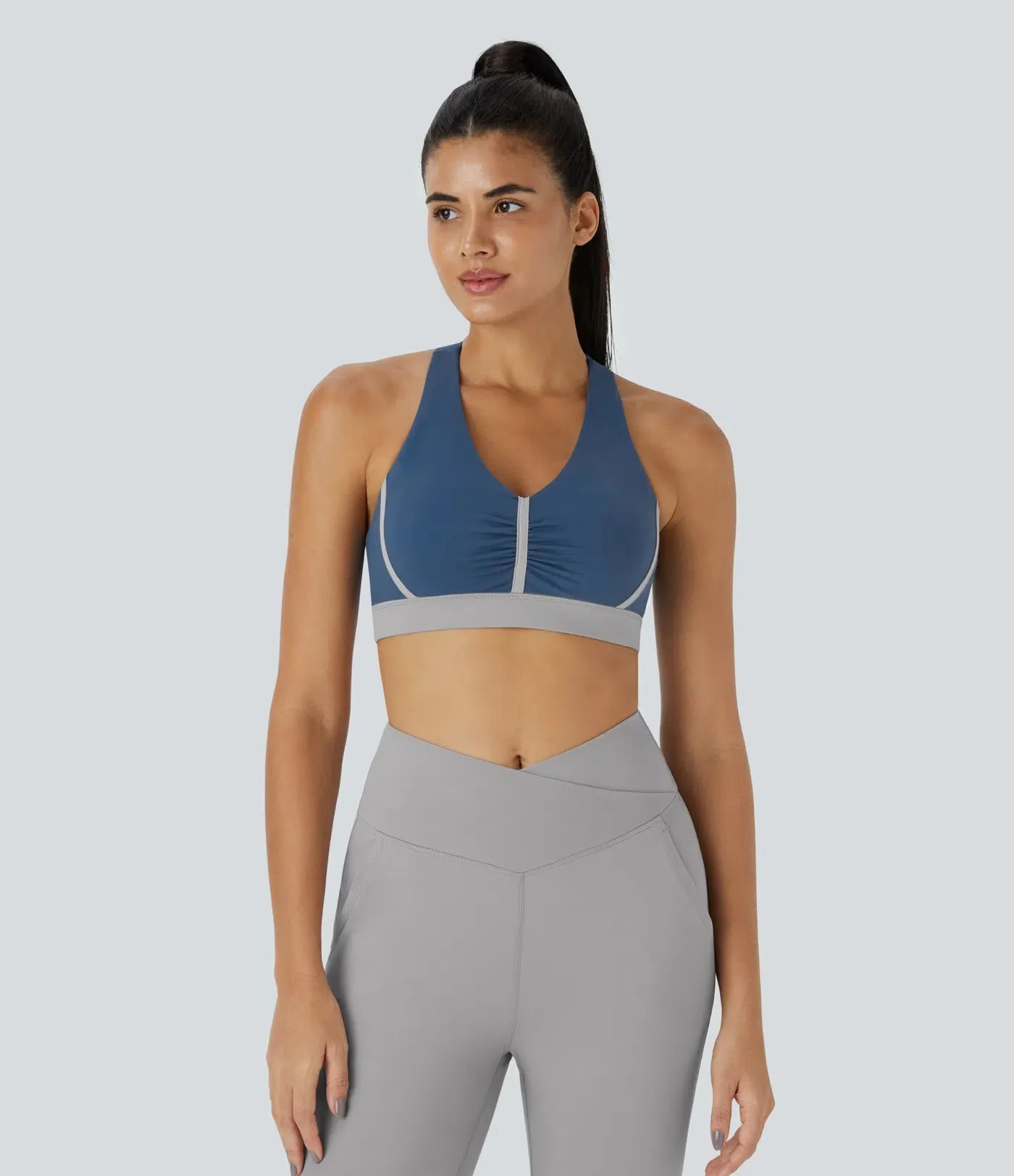 Plush Low Support Backless Ruched Color Block Yoga Sports Bra – Soft & Stylish