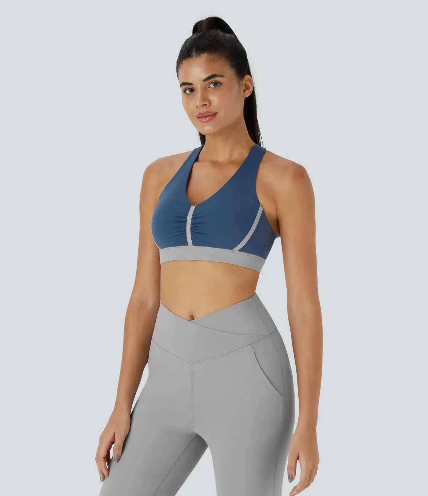 Plush Low Support Backless Ruched Color Block Yoga Sports Bra – Soft & Stylish