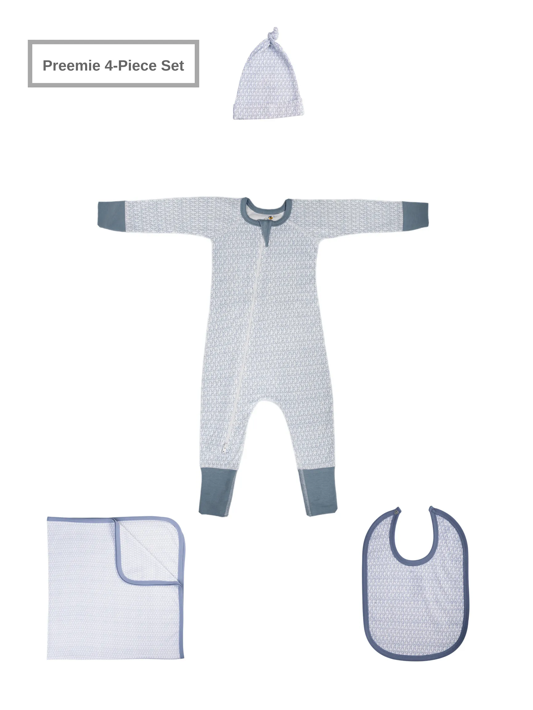 Preemie Baby Unisex Organic 4 Piece Set w/Two-Way Zip Romper