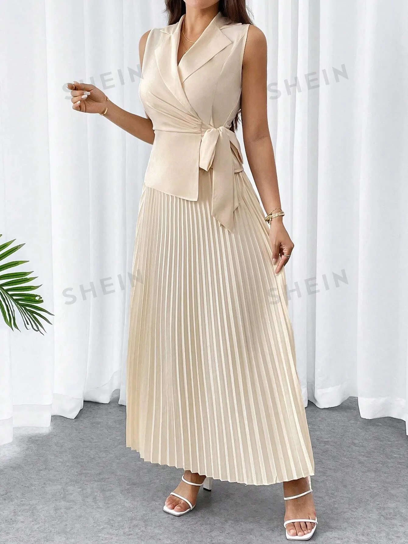 Privé Women's Summer Minimalist & Elegant Commuter Style Work/Business Khaki Wrap Belted Bow Suit Vest & Pleated Maxi Skirt