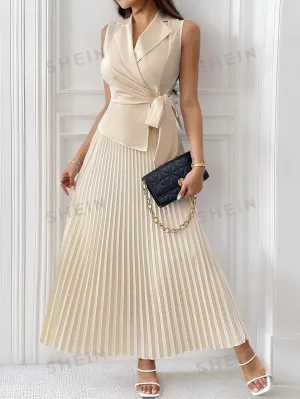 Privé Women's Summer Minimalist & Elegant Commuter Style Work/Business Khaki Wrap Belted Bow Suit Vest & Pleated Maxi Skirt