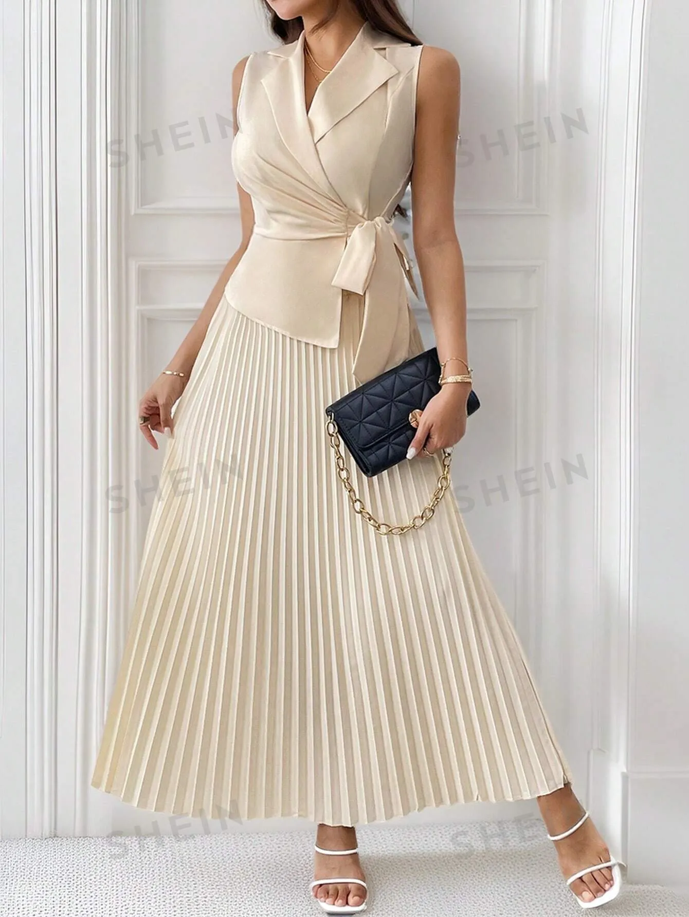 Privé Women's Summer Minimalist & Elegant Commuter Style Work/Business Khaki Wrap Belted Bow Suit Vest & Pleated Maxi Skirt
