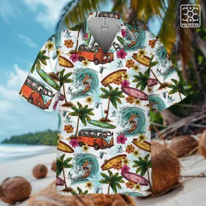 "Microbus and Surfboards" Hawaiian Shirt - Polyester With Coconut Buttons!